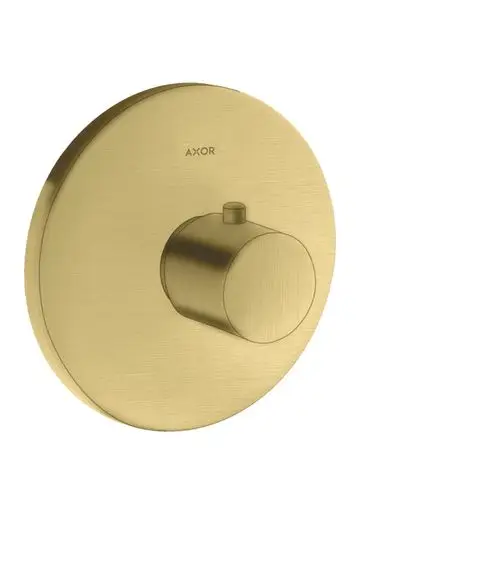 Thermostat in gebürstetem Messing mit runder Wandplatte und einem Drehknopf, hergestellt von AXOR. Das Design ist funktional und schlicht.